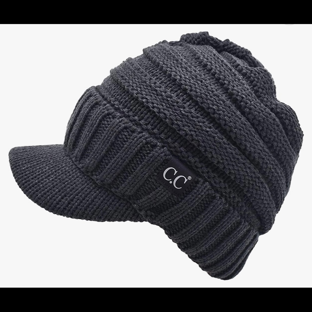 NWT C.C. Trendy Soft Ribbed Slouch Knit Hat with Visor Brim - Charcoal